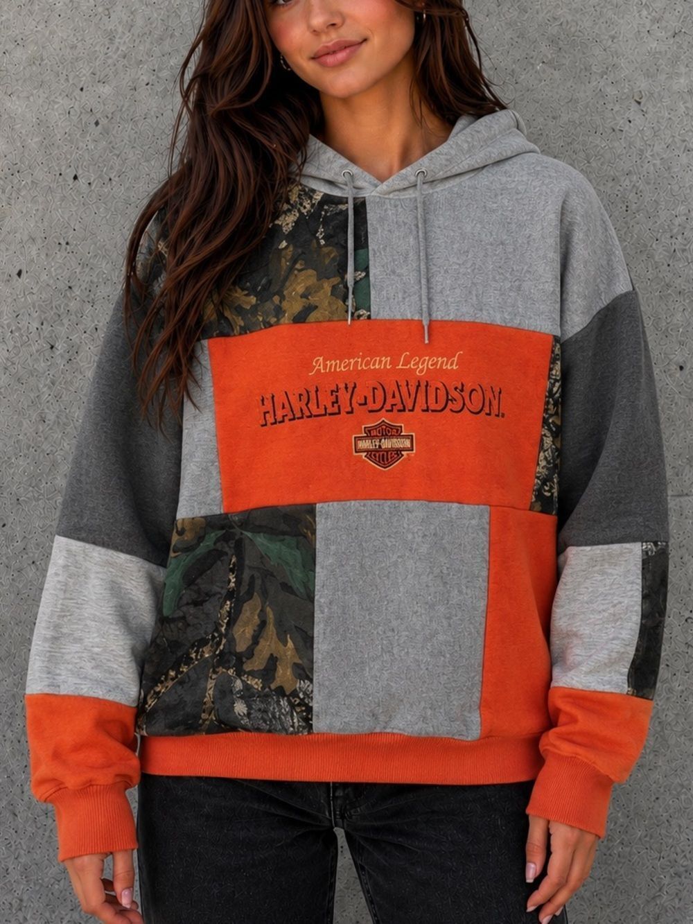 Harley-Davidson Handmade Upcycled Patchwork Relaxed Soft Casual Hoodie Sweater